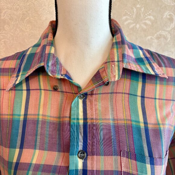 Super Thin Summer Weight 80s Pink Large Format‎ Plaid Button Shirt Large L - Picture 6 of 11